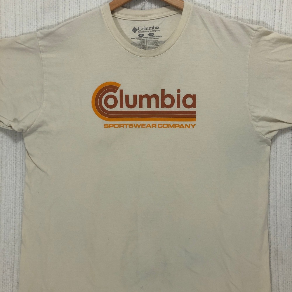 Columbia Sportswear Mens XL Cream Retro Graphic Logo T-Shirt Cotton Short Sleeve